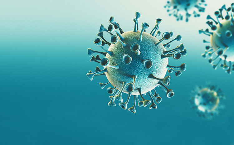 Coronavirus microscopic view. Floating influenza virus cells. Dangerous asian ncov corona virus, SARS pandemic risk concept. 3d rendering illustration