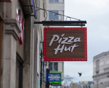 London, Greater London, United Kingdom, 7th February 2018, A sign and logo for Pizza Hut restaurant
