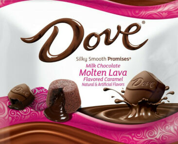 DOVE® Milk Chocolate Molten Lava Caramel PROMISES® is filled with a rich Molten Lava-flavored caramel center, cloaked in the silky-smooth milk chocolate DOVE fans know and love.