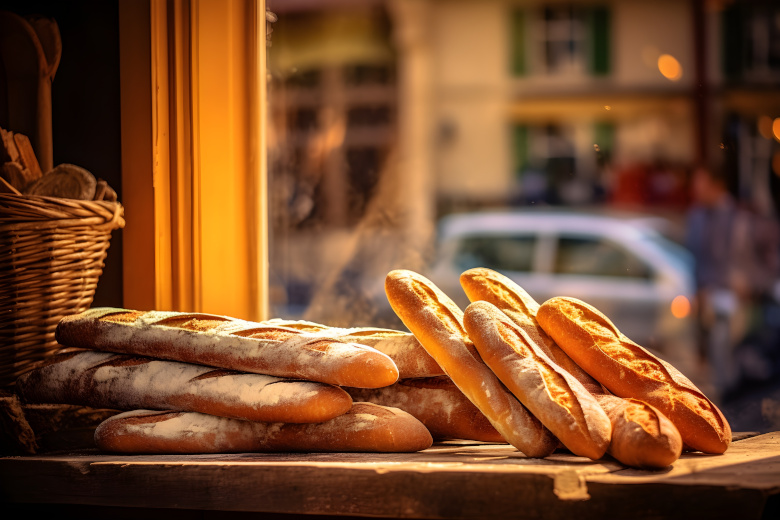 Delicious, freshly-baked crusty baguettes are placed in the bakery window ready to be sold and eaten. Generative AI.