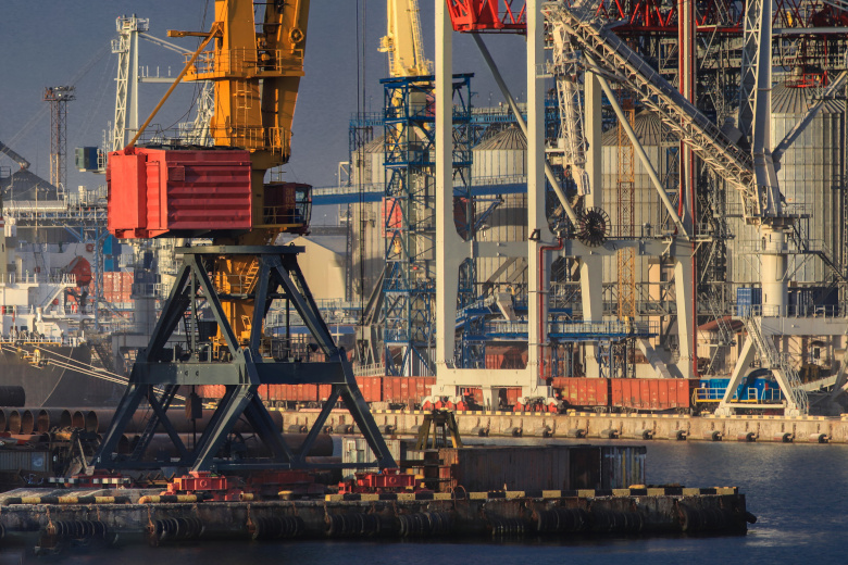 Lifting cargo cranes, ships and grain dryer in Sea Port of Odess