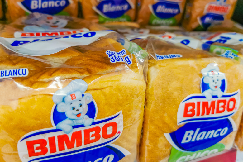 Bimbo white toast bread packaging in the supermarket in Mexico.