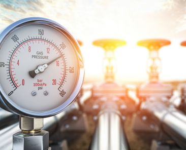 Gas pression gauge meters on gas pipeline. Gas extraction, production, delivery and supply concept. 3d illustration