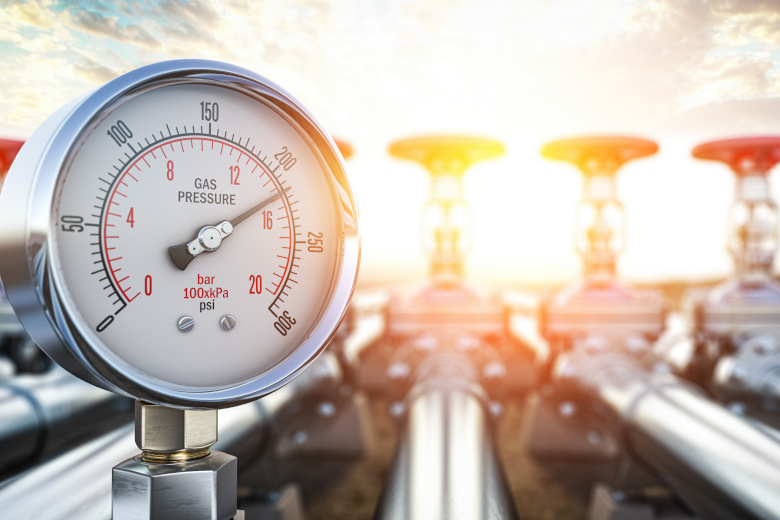 Gas pression gauge meters on gas pipeline. Gas extraction, produ