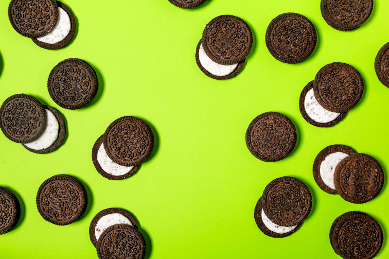 Oreo cookies, Chocolate cream filling sandwich cookies on a green background