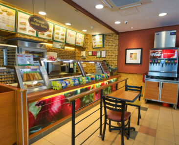 SINGAPORE - CIRCA APRIL, 2019: interior shot of Subway restaurant. Subway is an American restaurant franchise that primarily sells submarine sandwiches and salads.